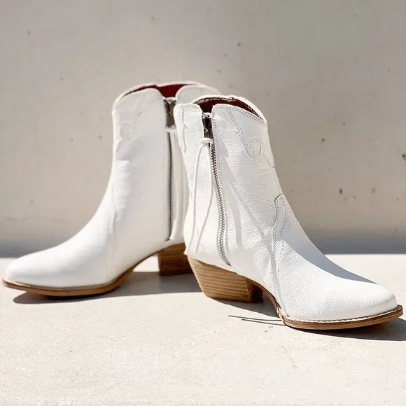 NEW Pointy Toe Stack Block Heel Zip Up Western Ankle Booties Boots Off White - Picture 13 of 16